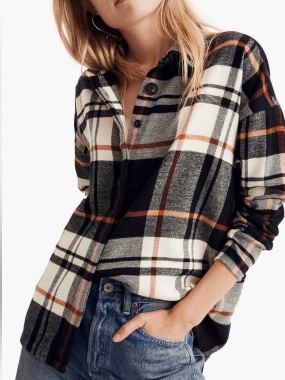 Madewell Black, Gray & Cream Plaid Button-Down Shirt with Brown Accents EUC
